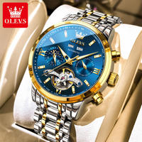 Montre automatique mécanique pour homme OLEVS 6740, montre-bracelet de luxe, cadran squelette, étanche, logo personnalisé, montre-bracelet dorée et bleue pour homme