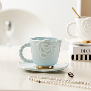 Camellia Porcelain High-End Exquisite Relief Coffee Cup Plate Set <b>Sustainable</b> Dishwasher Microwave Safe <b>Gift</b> Box for Home Office - Product Image 3