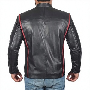 Blouson en cuir chauffant pour homme LONG MISSION INDUSTRY, noir, style motard, avec col mandarin et fermeture éclair, empiècements rouges - Product Image 2
