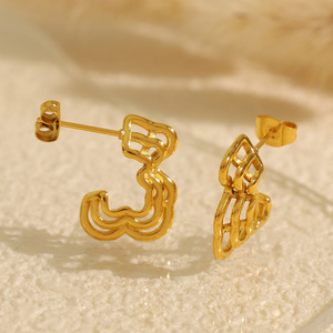 Geometric Gold <b>Stud</b> Earrings Hollow Design <b>Titanium</b> Steel Unisex Fashion Jewelry - Product Image 3