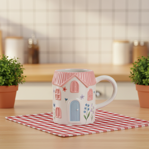 Affascinante Tazza in Ceramica a Forma di Casa con Tetto Rosa, Porta Blu e Decorazioni Floreali, Regalo Tematico per la Casa - Product Image 2