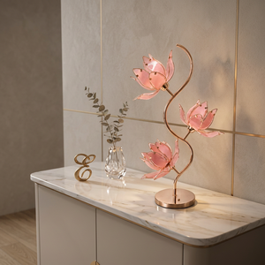 Lampe de table Lotus rose de luxe, support en métal plaqué or et pétales en verre effet cristal, lampe de chevet E26 pour chambre principale - Product Image 5