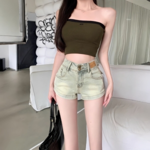 Shorts in denim elasticizzato ultra <span class=keywords><strong>corti</strong></span> <span class=keywords><strong>da</strong></span> <span class=keywords><strong>donna</strong></span>, stile retrò, a vita alta, casual, alla moda, estivi, in stile americano - Product Image 1