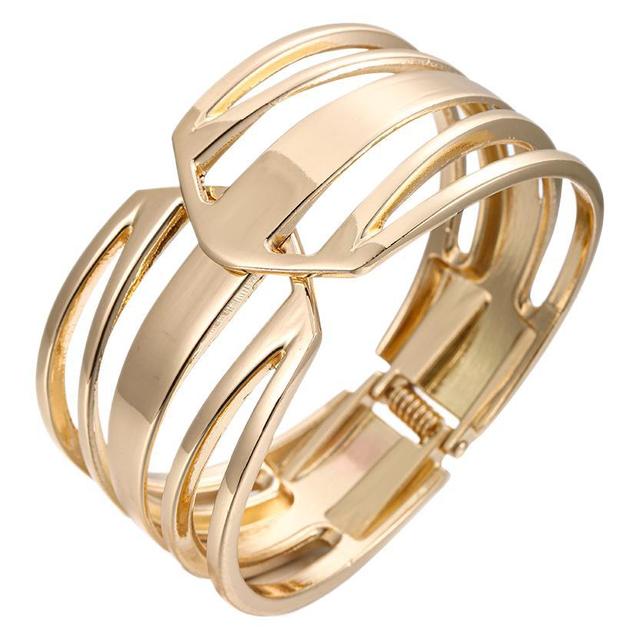 Classic Chunky Multi Layer Curved Intersected Hollow Wide High Polished Gold Plated Spring Cuff Bangle Bracelets Fashion Jewelry