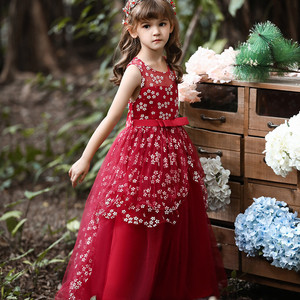 Vestido de Princesa para Niñas, Color Borgoña, Cuello Redondo, Vestido de Fiesta, Vestido de Dama de Honor con Lazo y Cola, Vestido Infantil - Product Image 1