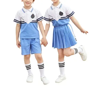 Custom middle and high school sports wear white and blue color block boys and girls cotton school uniform design
