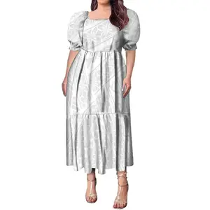 Mother's Day Gift Big Size Womens Square Collar Puffy Dresses Female White Sunday Design Polynesian Tribal Printed Samoan Dress