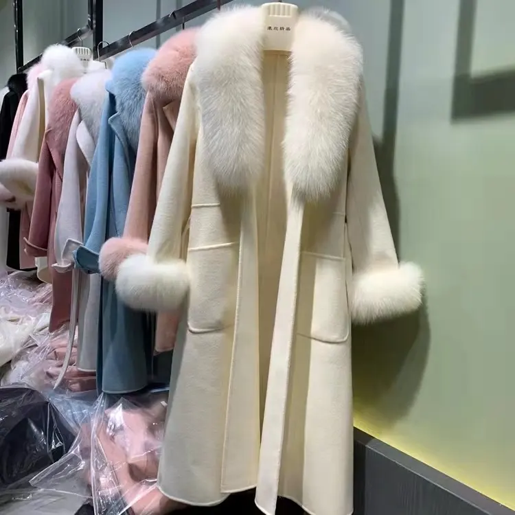 캐시미어 겨울 코트 여성 따뜻한 패션 양모 폭스 모피 긴 코트