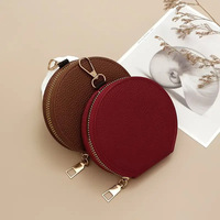 Porte-monnaie rond en cuir avec fermeture éclair pour femmes et hommes, pochette multifonctionnelle, porte-clés, couleur unie, mini sac de rangement