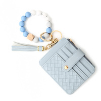 Porte-cartes en cuir d'été très populaire, porte-clés bracelet perlé en silicone, porte-clés tressé à la main en perles de silicone, vente en gros