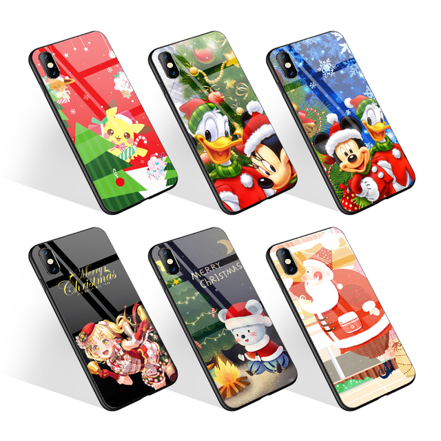 Christmas Cartoon Cute Deer Glossy Glass Phone Case for Iphone Xs 11 12 Xr Hard Plastic Cover for Redmi Note 9 Pro
