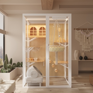 Meuble pour animaux de compagnie de luxe avec structure en acier au carbone, bois massif et verre trempé, grand espace, style villa - Product Image 3