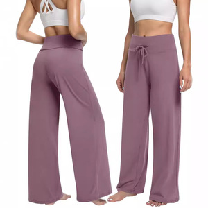 Pantalon en polyester pour femme, extensible, à taille élastique avec cordon de serrage, respirant, sans couture, amincissant, coupe droite, jambe large, ample, qui flattere la silhouette - Product Image 1
