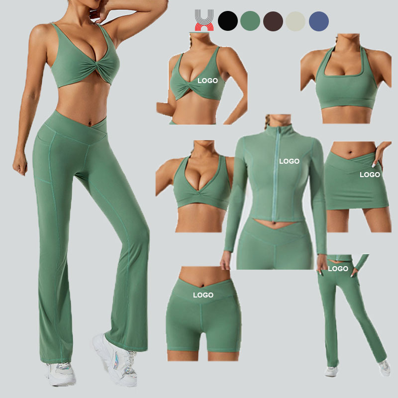Women's Plus Size 7-Piece Yoga Set Hollow Bra V Cut Flared Wide Leg Sweatpants Elastic Waist for Gym Fitness Workout Yoga Crop