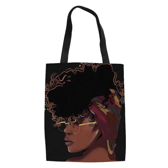 Ağır alışveriş çantaları kadın siyah sanat afrika kızlar baskı keten Tote çanta bayanlar katlanabilir alışveriş çantası Bolsa