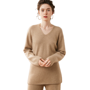 Ensemble pull et pantalon pour femme en 35% cachemire et 65% laine, coupe ample, deux pièces, uni, tricoté, décontracté - Product Image 3