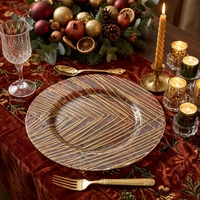 Assiettes de présentation en verre transparent de 13 pouces avec motif géométrique doré – Vaisselle décorative pour mariages, banquets et événements à domicile