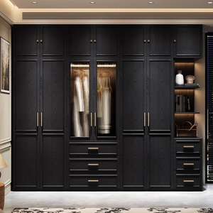 Armoire sur mesure moderne en bois noir avec portes vitrées, tiroirs de rangement et étagères intégrées pour chambre à coucher - Product Image 2