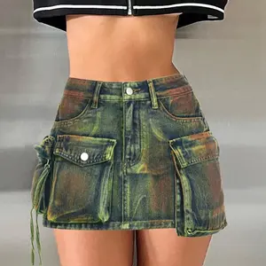 ZHEZHE Wholesale Women's summer new fashion personality washable pocket tie dye jeans unique denim mini skirt