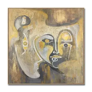 Pintura a óleo em tela de arte abstrata, arte de parede luxuosa para sala de estar, rostos de luz, marrom dourado