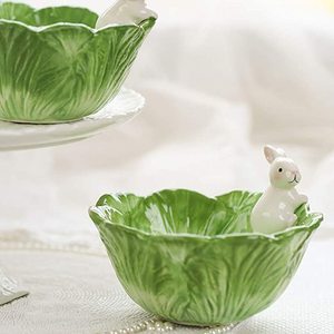 Bol de salade de pâques en céramique, de petite taille, en forme de chou, avec décoration de lapin mignon - Product Image 5