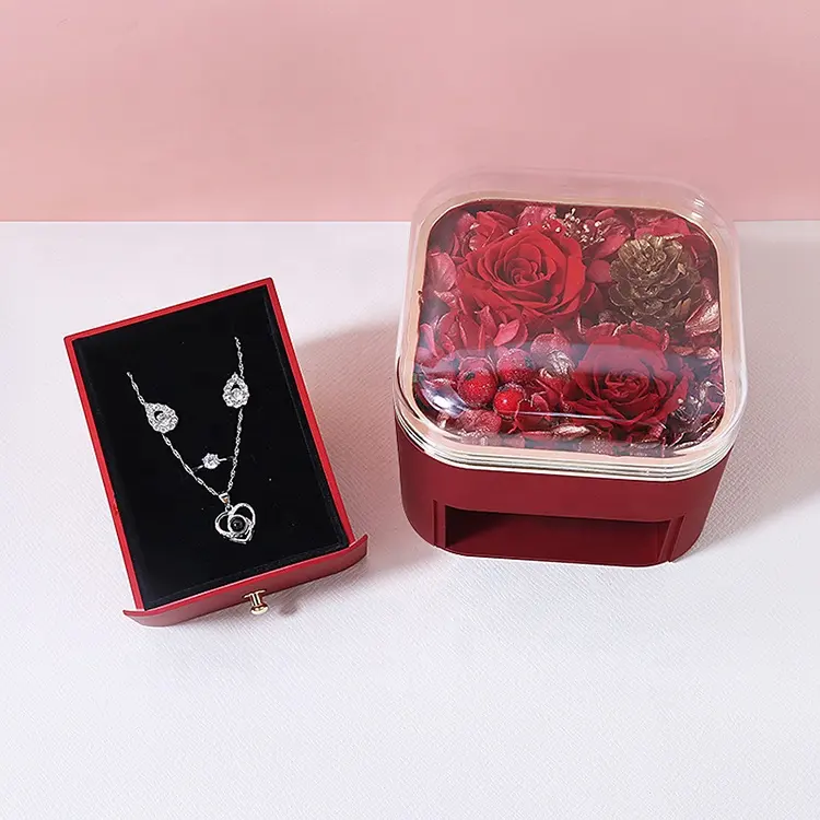 Venta al por mayor de fábrica, caja de collar de rosas preservadas personalizadas para joyería, caja de regalos románticos para mujer