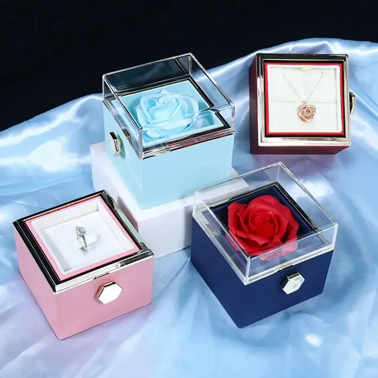 Regalo del día de San Valentín 2023 caja de rosas giratoria de joyería de flores rosas exquisitas Premium