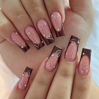 Faux ongles à presser français, longs, motif carré, application sur les doigts, en ABS, avec colle, réutilisables, professionnels et tendance