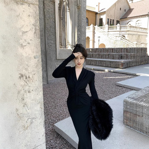 French Style Knotted V Neck Long Sleeve Bodycon Maxi Dress Coffee Black Plus Size Women's Dress - Product Image 3