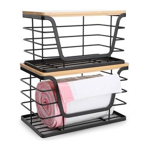 2 Pack <b>Storage</b> Stackable <b>Kitchen</b> Organizers with Bamboo Top Wall Mount Large Trash Bag Holder and Standard Garbage Bag Dispenser - Product Image 1