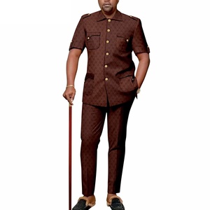 Costume Dashiki Africain Brodé pour <span class=keywords><strong>Homme</strong></span> – <span class=keywords><strong>Chemise</strong></span> à Manches Courtes Boutonnée + Pantalon Long – Ensemble 2 Pièces Décontracté pour Mariage – 100% Coton - Product Image 2