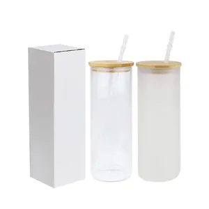 热卖25盎司透明/磨砂玻璃水瓶升华毛坯玻璃玻璃杯，带竹盖和吸管