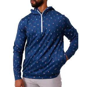 Logo personalizzato abbigliamento da golf Quarter Zip print sublimate poliestere spandex quick dry sottile Pullover con cappuccio camicia da uomo felpa con cappuccio da golf