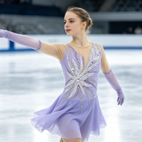 Robe de patinage artistique lavande en maille à manches longues évasées avec grande applique en strass pour enfants et adultes, idéale pour les compétitions et les spectacles