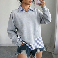 Sweat-shirt deux pièces personnalisé OEM pour femme, pull à rayures et patchwork, col superposé, ourlet surdimensionné, gris, avec capuche