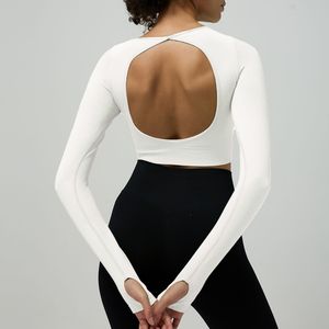 Haut de yoga transfrontalier à manches longues pour femmes Collants de course à séchage rapide Nude-Feeling Vêtements de fitness Hauts à dos évidés - Product Image 5