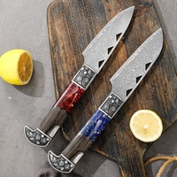 Set Pisau Dapur Jepang Santoku Chef Damascus Lipat dengan Sarung Kulit untuk Berkemah dan Persiapan Makanan