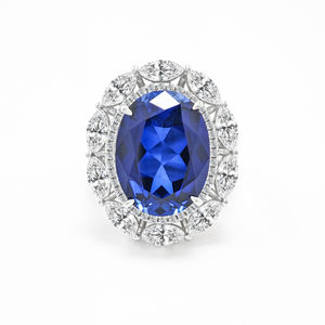 Anillo de Compromiso Vintage de Zafiro Azul Cultivado en Laboratorio de Silicona para Mujer, Chapado en Oro Rodio, Corte Ovalado, Certificado por Terceros - Product Image 1