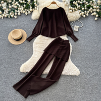 Ensembles décontractés en tricot pour femme, haut ample à manches longues et pantalon large à bord festonné, idéal pour le quotidien et les trajets.