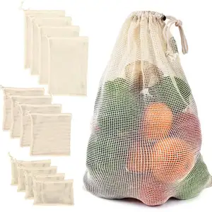 Petit fourre-tout d'épicerie réutilisable écologique pour fruits et légumes, filet en maille biologique 100% coton, sac de shopping