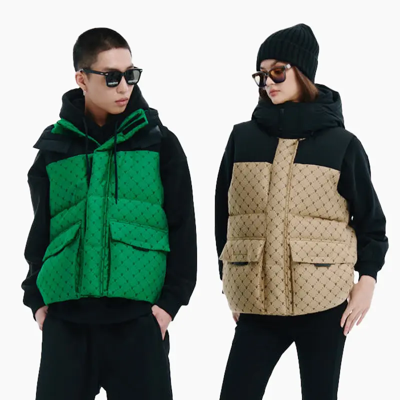 U.S. Hot Fashion Color Blocking Detachable Hooded Windproof Jacquard Outdoor cropped puffer vest For Men And Women With Zipper