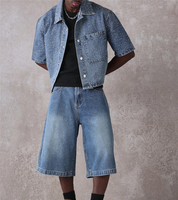 Ensemble short en jean orné de strass pour homme, 2 pièces, chemise boutonnée à manches courtes oversize, style vintage délavé, tenue décontractée streetwear