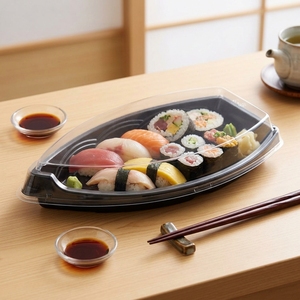 Vente en gros de boîte à <span class=keywords><strong>sushi</strong></span> jetable en plastique en forme de bateau de qualité alimentaire avec couvercle transparent pour servir des repas Dessert <span class=keywords><strong>Sushi</strong></span> - Product Image 1