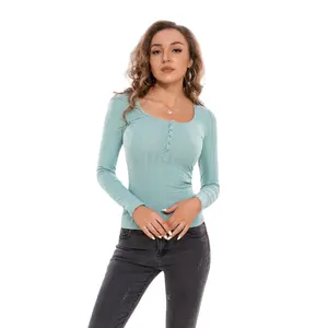 Yudi 의류 도매 크루 넥 긴 소매 스냅 버튼 하프 플래켓 티셔츠 여성용 캐주얼 단색 패션 티셔츠