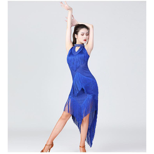 Éblouissantes femmes danse <span class=keywords><strong>Salsa</strong></span> Samba vêtements col haut Spandex franges robes latines sans manches irrégulière longue robe avec collier - Product Image 6