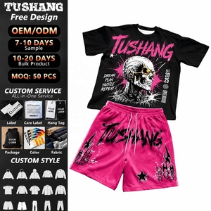 เสื้อยืดพิมพ์ลายตามสั่ง ชุดฤดูร้อน เสื้อยืดลายฟอกสีแบบสองชิ้น และกางเกงขาสั้นแบบสปอร์ต - Product Image 1