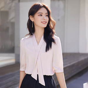 Women's <b>White</b> Chiffon Shirt V-Neck Three Quarter Sleeve <b>Wrap</b> Tie Commuter Top Spring Summer 2024 - Product Image 3