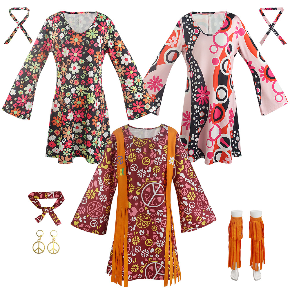 Women's Hippie Cosplay Costume Party 60s 70s Christmas 1960s Stage Performance Halloween Cosplay Tassels Costumes