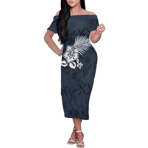 Figurbetontes Kleid Polynesisches Stammeskleidung Samoanisches Blaues Tapa-Blumenmuster Maßgeschneidertes Puffärmel Bleistiftkleid Damen Abendkleid - Product Image 4