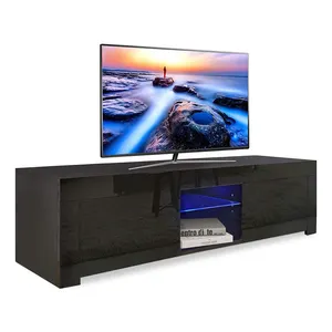 Ready To Shipping Modern Modular Wooden Pvc Black Fancy Tvs Stands Table And Cabinets With Display Glass And Led